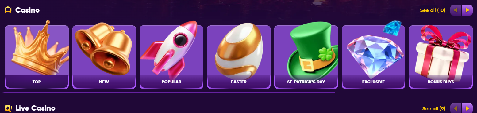 Kingmaker Casino game categories — Top, New, Popular, Exclusive
